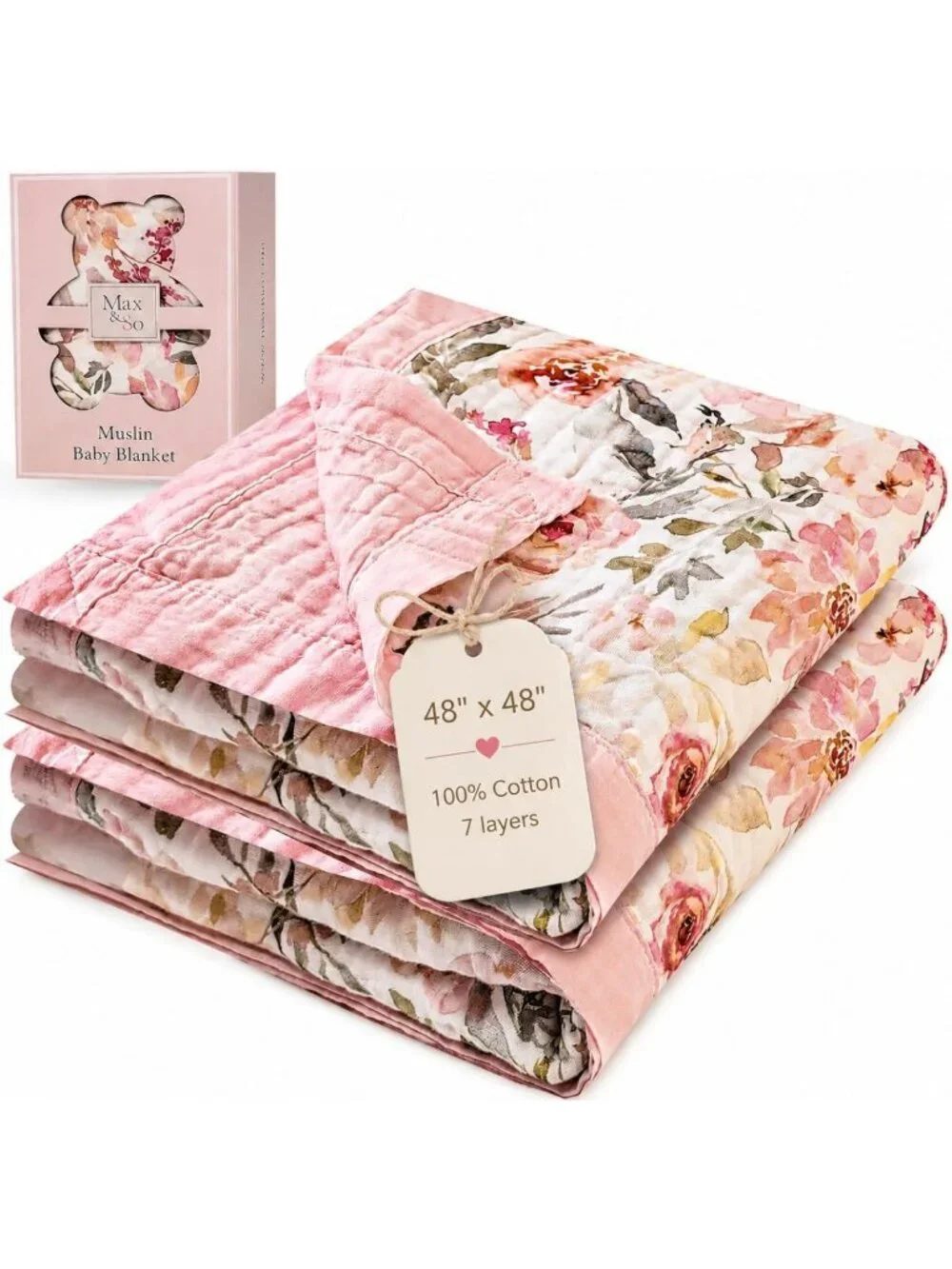 Soft Reversible Muslin Baby Blanket 48x48 - 100% Cotton, Lightweight Quilt for